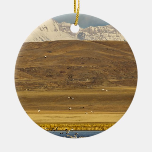 Snow geese during spring migration ceramic tree decoration (Front)