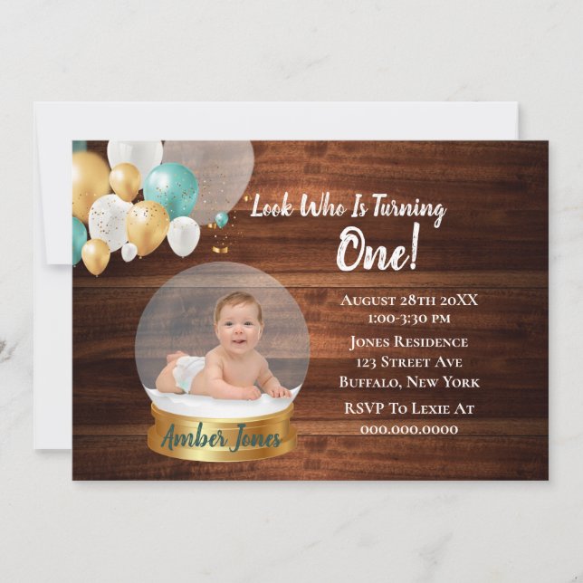 Snow Globe Add Photo 1st. Birthday Party Invites (Front)