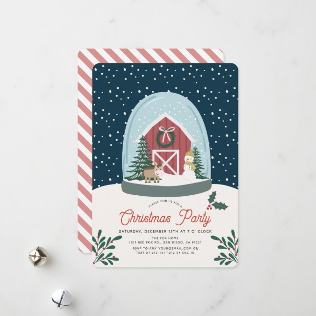 Snow Globe Barn Christmas Holiday Party Invitation (Front/Back In Situ)