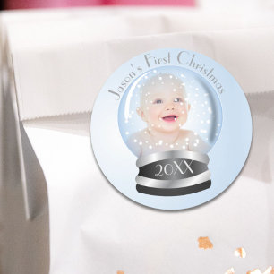 Snow Globe blue boy Baby's 1st Christmas Photo Classic Round Sticker