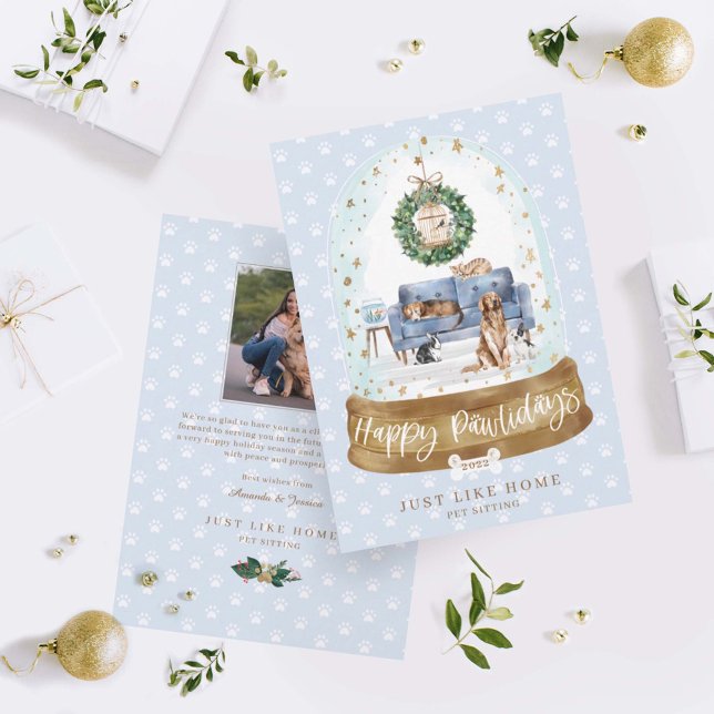 Snow Globe Blue Couch Home Pet Sitting Business Holiday Card (Creator Uploaded)