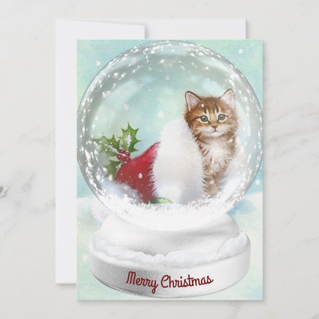 Snow Globe Christmas Kitten In Stocking Holiday Card (Front)