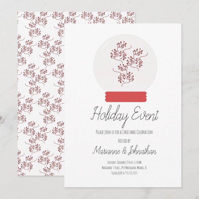 Snow Globe Christmas Party Berry Sprigs Invitation (Front/Back)