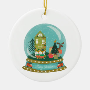 Snow Globe Christmas Village with  Santa Deers  Ceramic Ornament