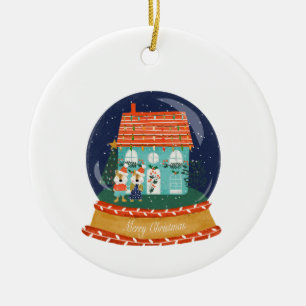 Snow Globe Christmas Village with Santa Fox Ceramic Ornament