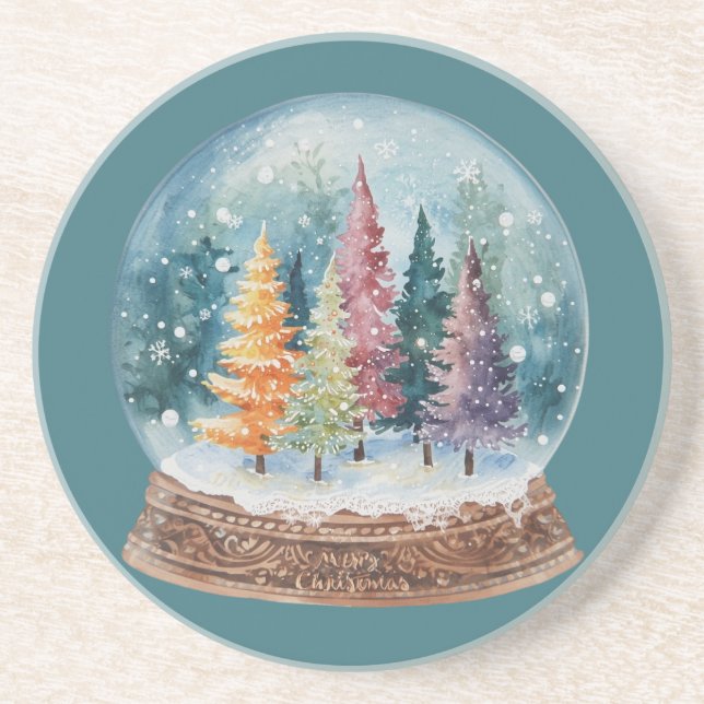 Snow Globe Colorful Christmas Tree Forest Coaster (Front)