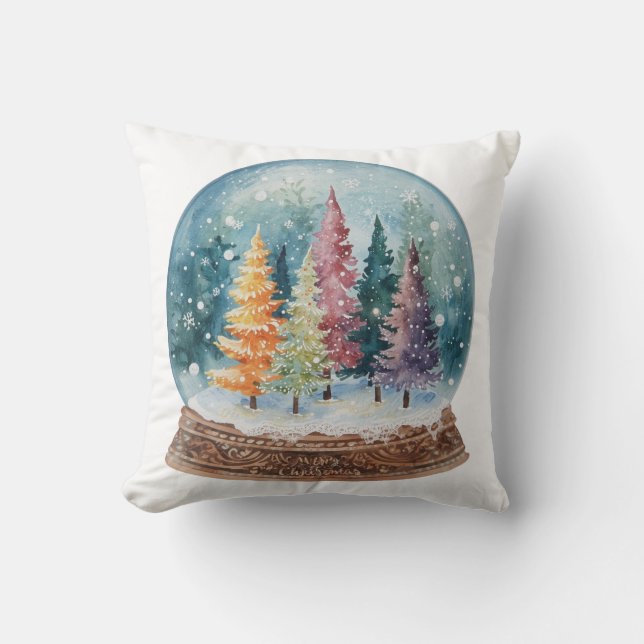 Snow Globe Colorful Christmas Tree Forest Cushion (Front)