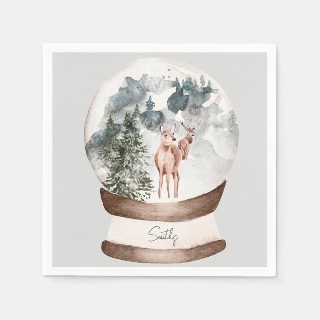 Snow globe Custom Family Name Woodland Christmas Napkin (Front)