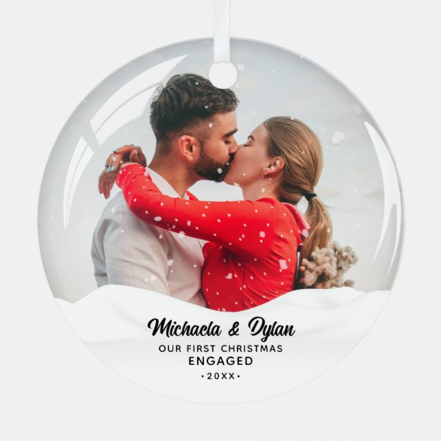 Snow Globe Effect 1st Christmas Engaged 2-Photo Metal Tree Decoration (Back)