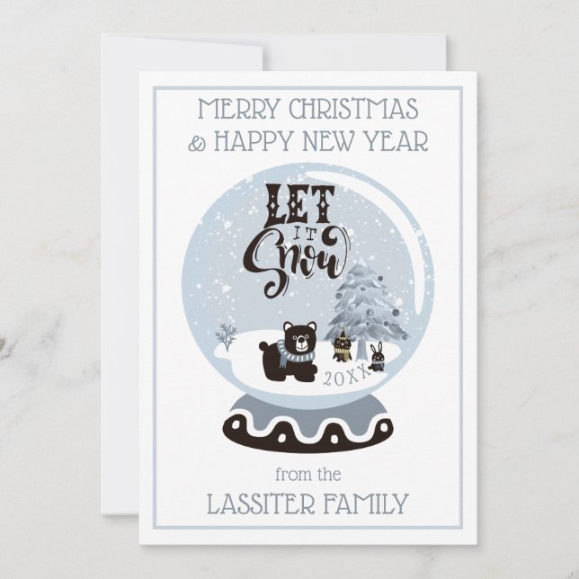 Snow Globe Forest Animals Christmas Let It Snow Ho Holiday Card (Front)