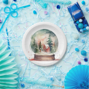 Snow Globe Glass Ball Winter Wonderland Christmas Paper Plate