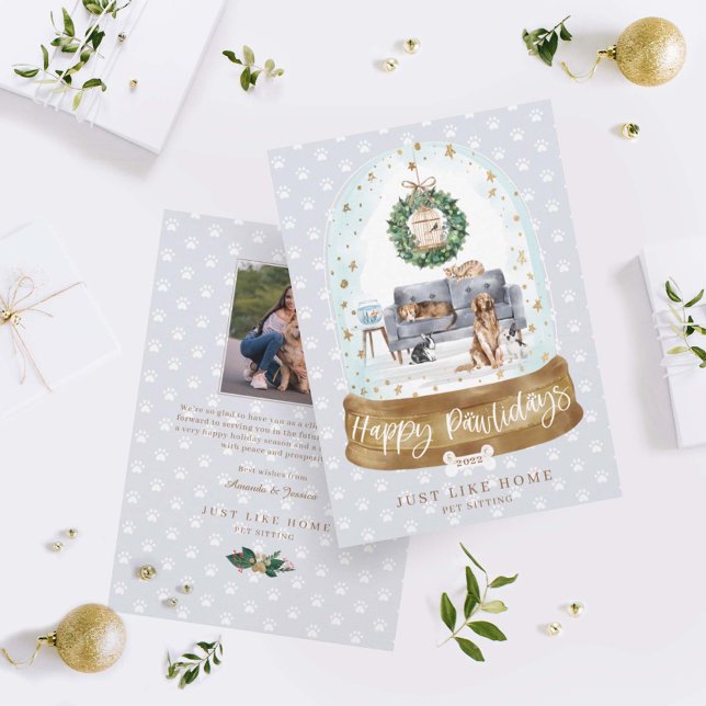 Snow Globe Grey Couch Home Pet Sitting Business Holiday Card (Creator Uploaded)