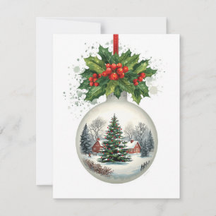Snow Globe Ornament Scenic Holly Berries Holiday Card