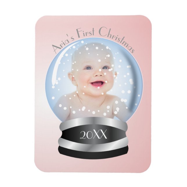 Snow Globe Pink Girl Baby's 1st Christmas Photo Magnet (Vertical)