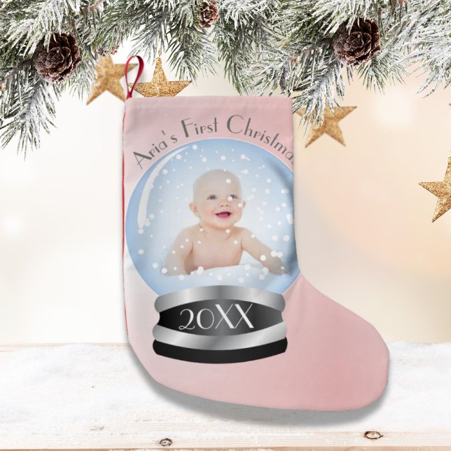Snow Globe Pink Girl Baby's 1st Christmas Photo Small Christmas Stocking (Snow Globe Pink Girl Baby's 1st Christmas Photo Small Christmas Stocking)