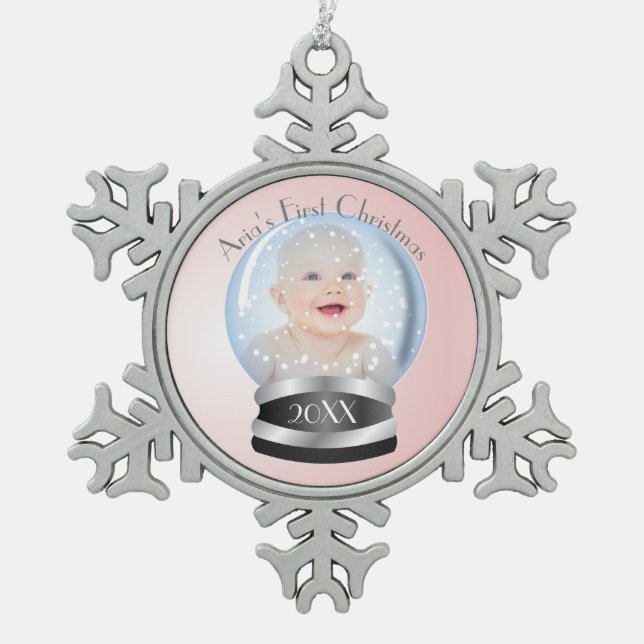Snow Globe Pink Girl Baby's 1st Christmas Photo Snowflake Pewter Christmas Ornament (Front)