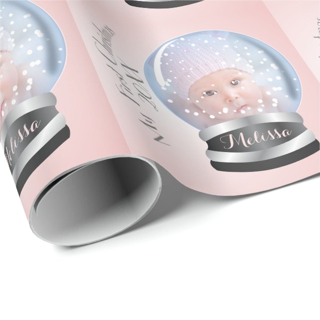 Snow Globe Pink Girl Baby's 1st Christmas Photo Wrapping Paper (Roll Corner)
