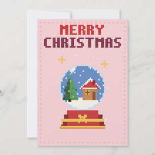 Snow Globe Pink Pixel Art Christmas Card