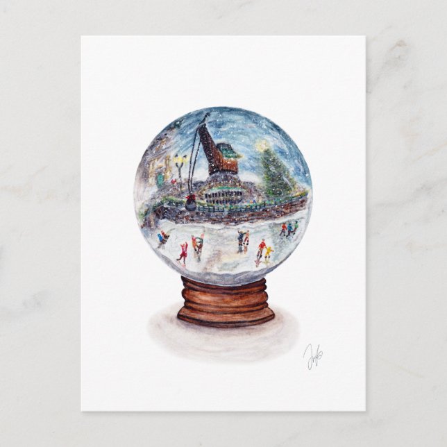 Snow Globe Scene Ice Skating Under the Crane Postcard (Front)