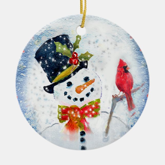 Snow Globe Snowman & Cardinal Ceramic Tree Decoration (Front)