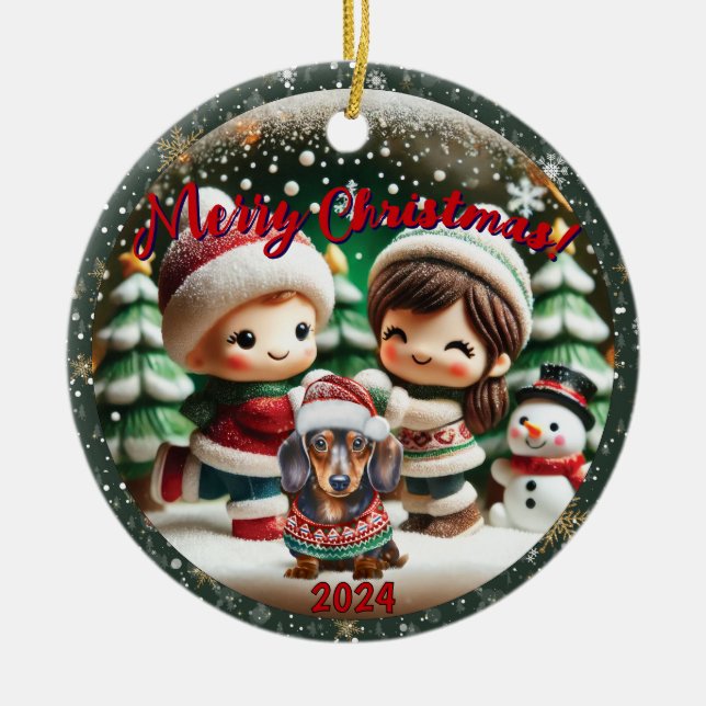 Snow Globe Vibe: Dachshund Children Scene  Ceramic Ornament (Front)