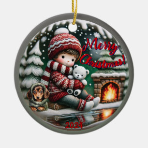 Snow Globe Vibe: Dachshund Fireplace Scene Ceramic Ornament