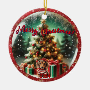 Snow Globe Vibe: Dachshund Tree Scene Ceramic Ornament
