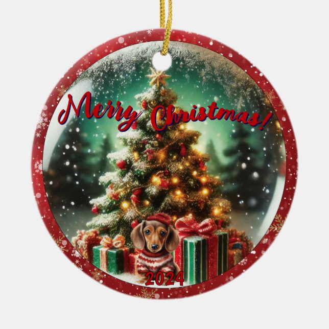 Snow Globe Vibe: Dachshund Tree Scene  Ceramic Ornament (Front)