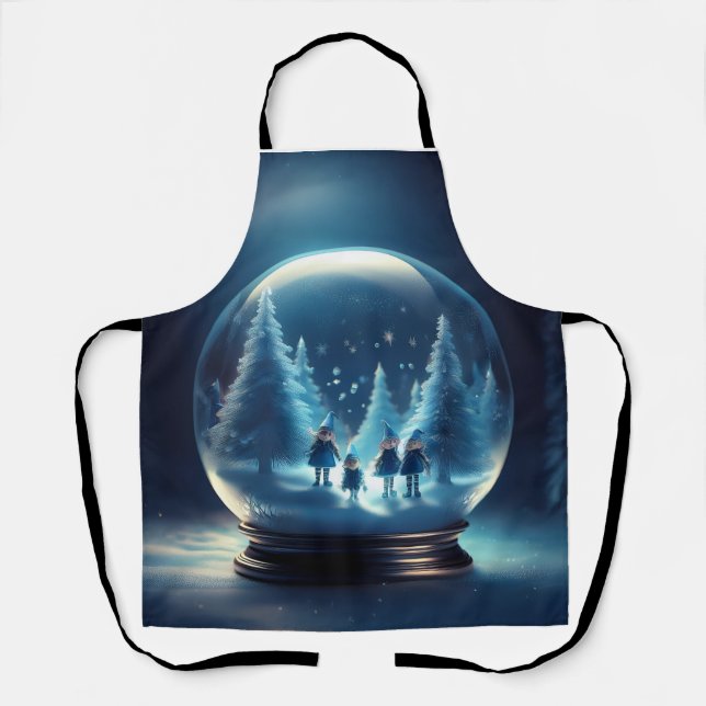 Snow Globe With 4 Small Elves And Snow Flakes Apron (Front)