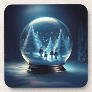 Snow Globe With 4 Small Elves And Snow Flakes Coaster
