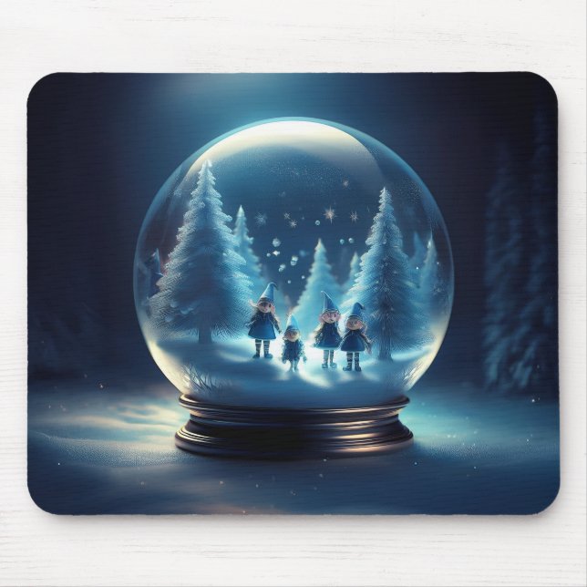 Snow Globe With 4 Small Elves And Snow Flakes Mouse Pad (Front)