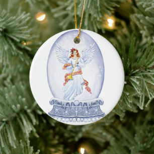 Snow globe with angel illustration ceramic ornament