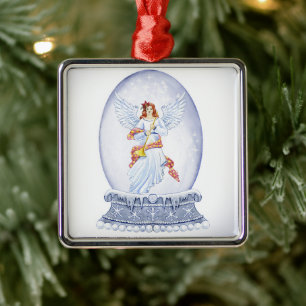 Snow globe with angel illustration metal ornament