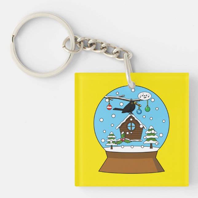Snow Globe with Blackbird Singing Key Ring (Front)
