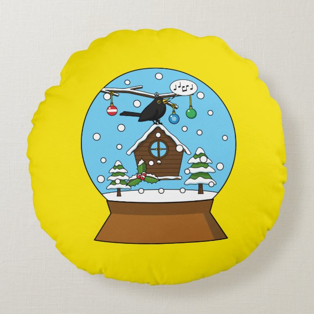 Snow Globe with Blackbird Singing Round Cushion (Front)