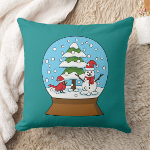 Snow Globe with Cardinal Snowman and Pine Tree Cushion