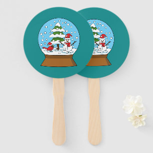 Snow Globe with Cardinal Snowman and Pine Tree Hand Fan
