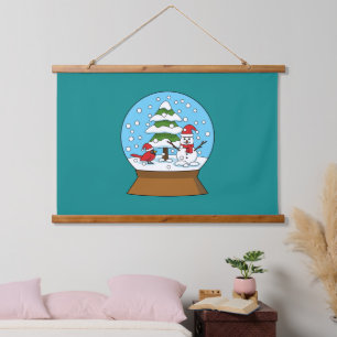 Snow Globe with Cardinal Snowman and Pine Tree Hanging Tapestry