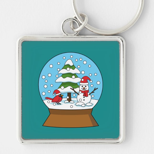 Snow Globe with Cardinal Snowman and Pine Tree Key Ring (Front)