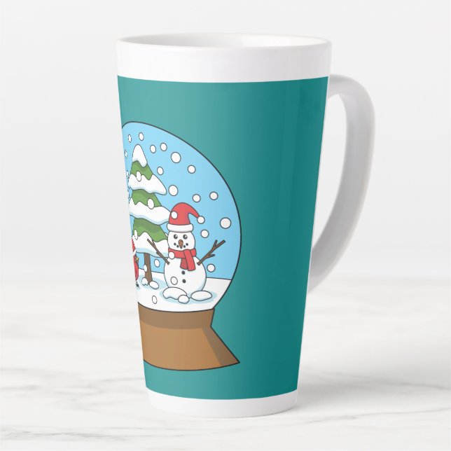 Snow Globe with Cardinal Snowman and Pine Tree Latte Mug (Right Angle)
