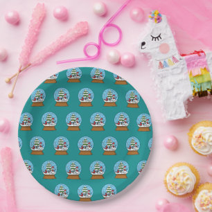 Snow Globe with Cardinal Snowman and Pine Tree Paper Plate