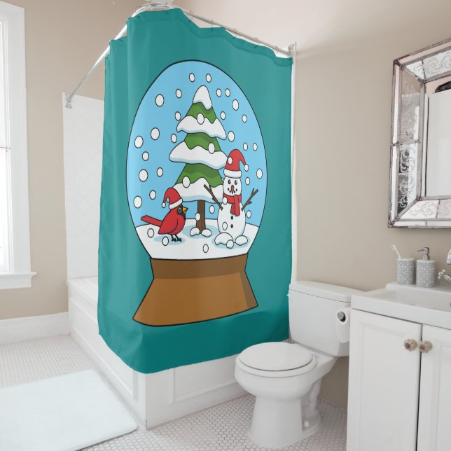 Snow Globe with Cardinal Snowman and Pine Tree Shower Curtain (In Situ)