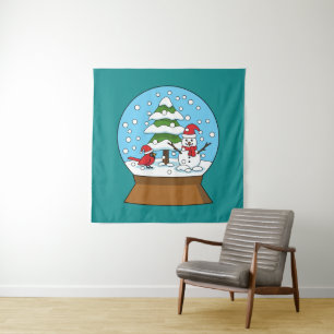 Snow Globe with Cardinal Snowman and Pine Tree Tapestry