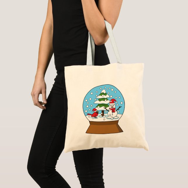 Snow Globe with Cardinal Snowman and Pine Tree Tote Bag (Front (Product))