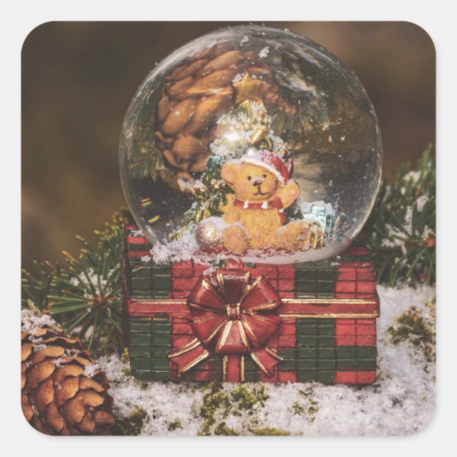 Snow globe with cute Bear Square Sticker (Front)
