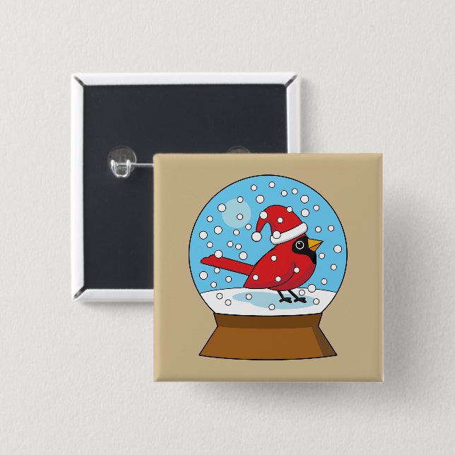 Snow Globe with Cute Red Cardinal 15 Cm Square Badge (Front & Back)