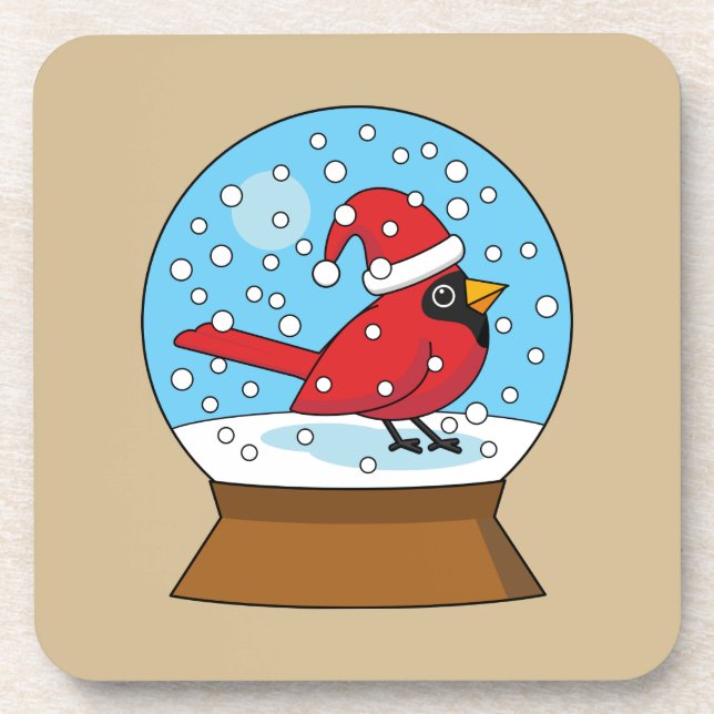 Snow Globe with Cute Red Cardinal Coaster (Front)