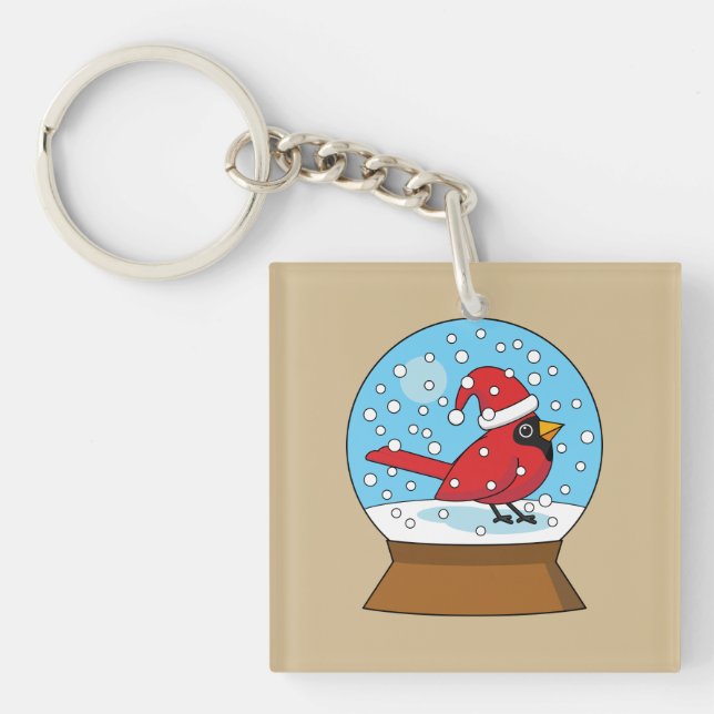 Snow Globe with Cute Red Cardinal Key Ring (Front)