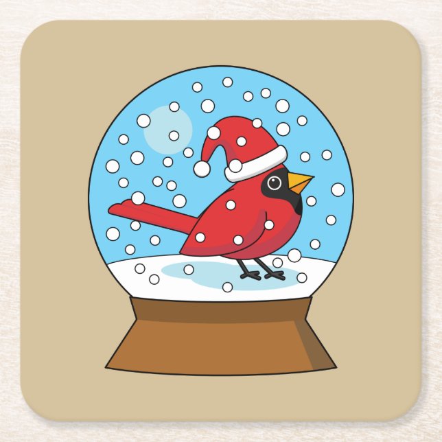 Snow Globe with Cute Red Cardinal Square Paper Coaster (Front)