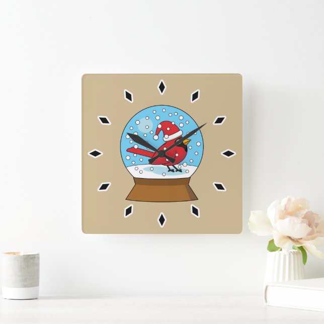 Snow Globe with Cute Red Cardinal Square Wall Clock (Home)